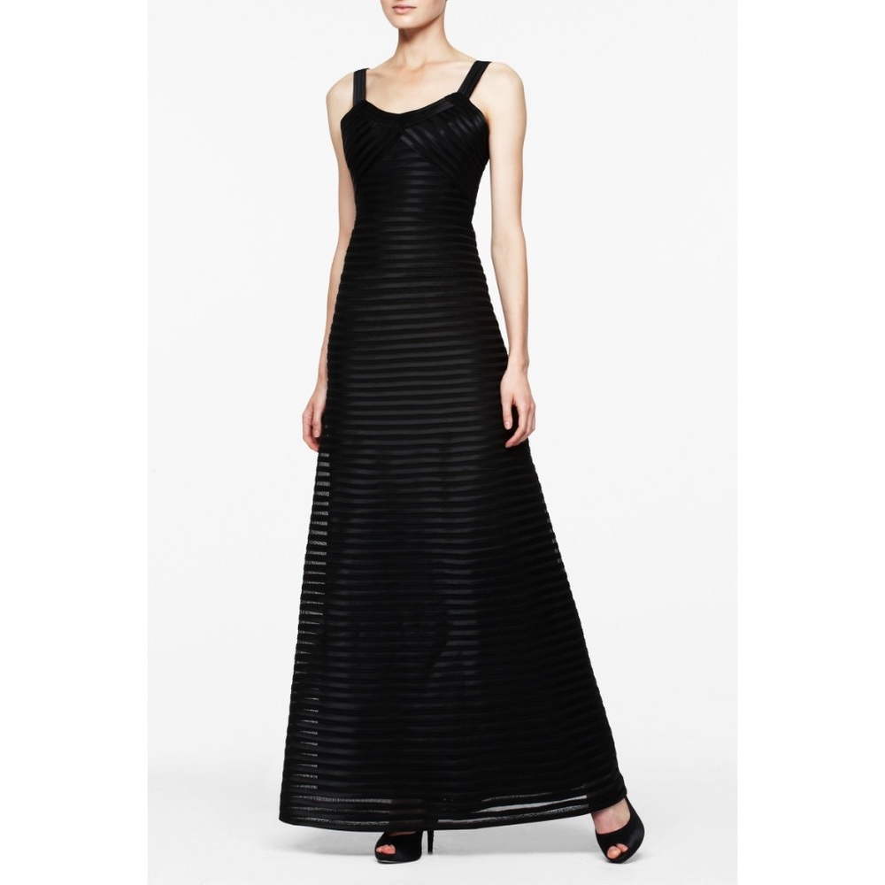 BCBGMAXAZRIA Satin Sleeveless Paneled A-Line Long Dress Black Women's $495